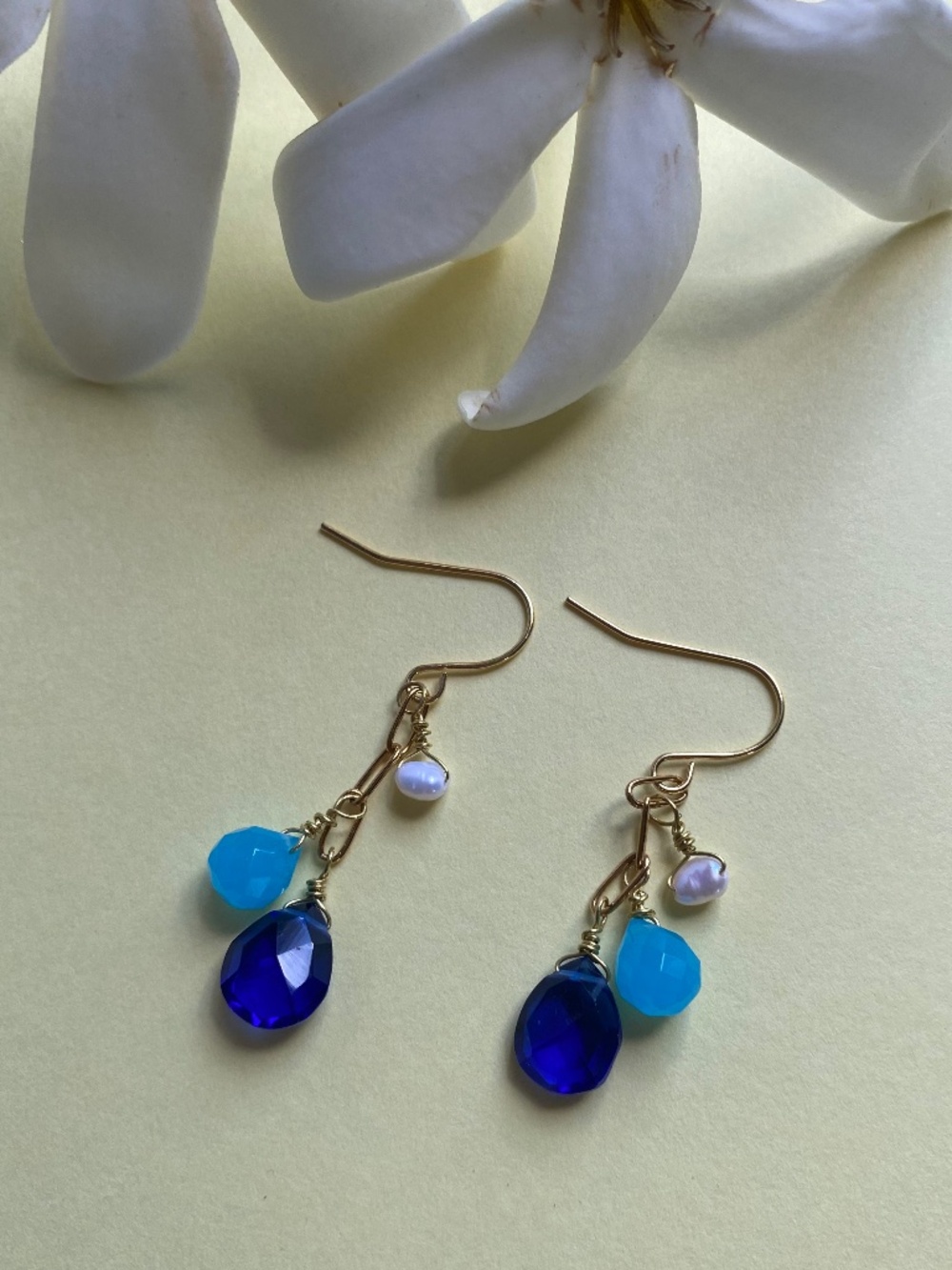 Handmade Dangle Earrings with Neon Apatite Quartz & Blue Chalcedony